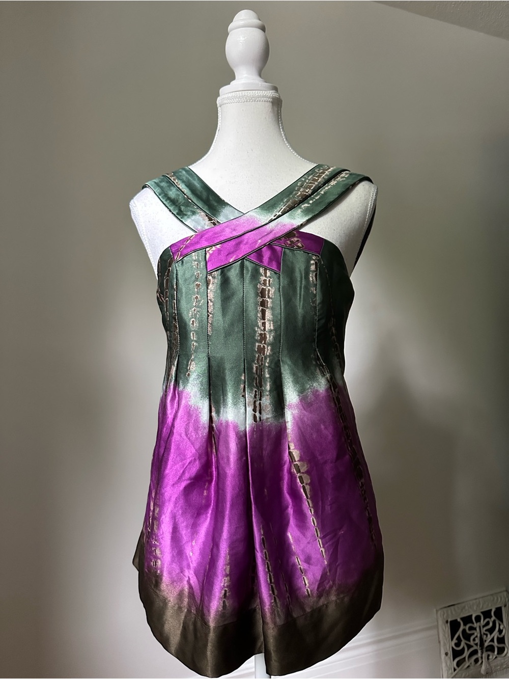 BCBGMAXAZRIA 100% Silk Criss Cross Y2K Party Boho Babydoll Top XXS